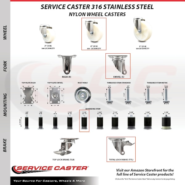 Service Caster 4 Inch 316SS Nylon Swivel 1-1/4 Inch Expanding Stem Caster Lock Brake SCC, 2PK SCC-SS316TTLEX20S414-NYS-2-S-2-114 - main